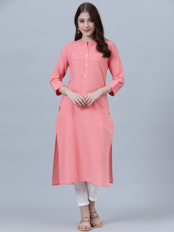 Solid Straight Kurti With Pin Tucks Detailing On Front Yoke & Sleeves