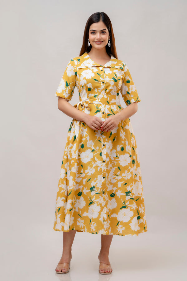 Women's Pure Cotton Designer Printed Dress-(Yellow)-WT2001YELLOW