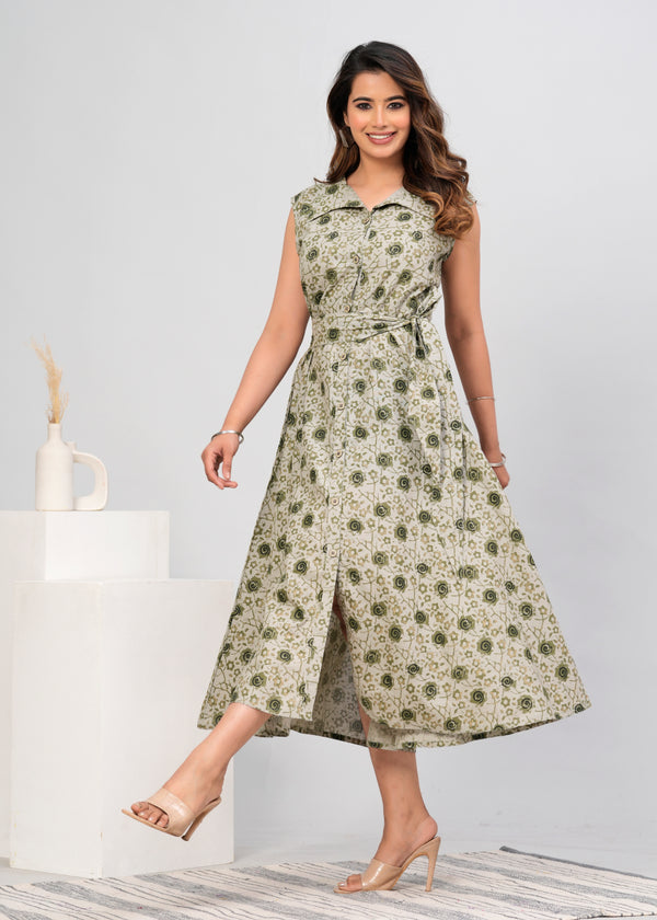 Women's Pure Cotton Designer Sleeveless Printed Dress-(Green)-WT3005GREEN