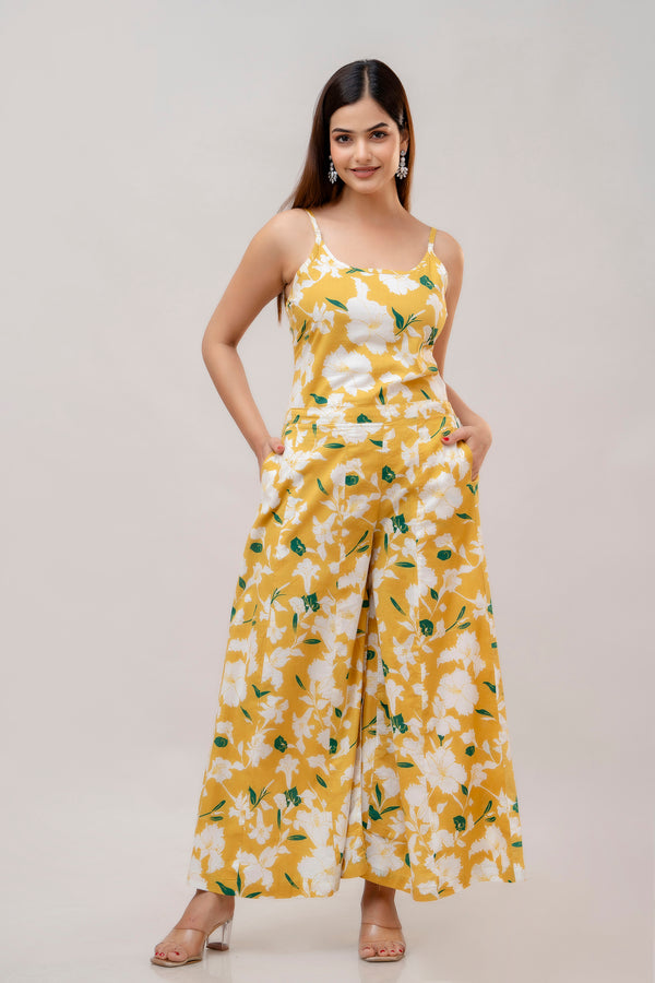 Cotton Sleeveless Yellow Floral Print Co-ord Set-WT6003YELLOW