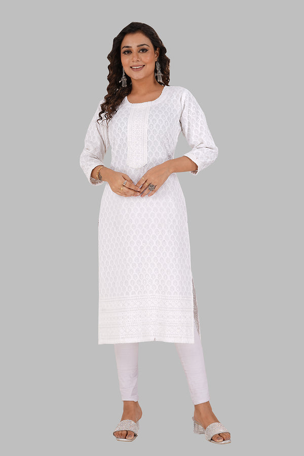 Rayon Chikan sequence work Kurti-NMK-WHITE