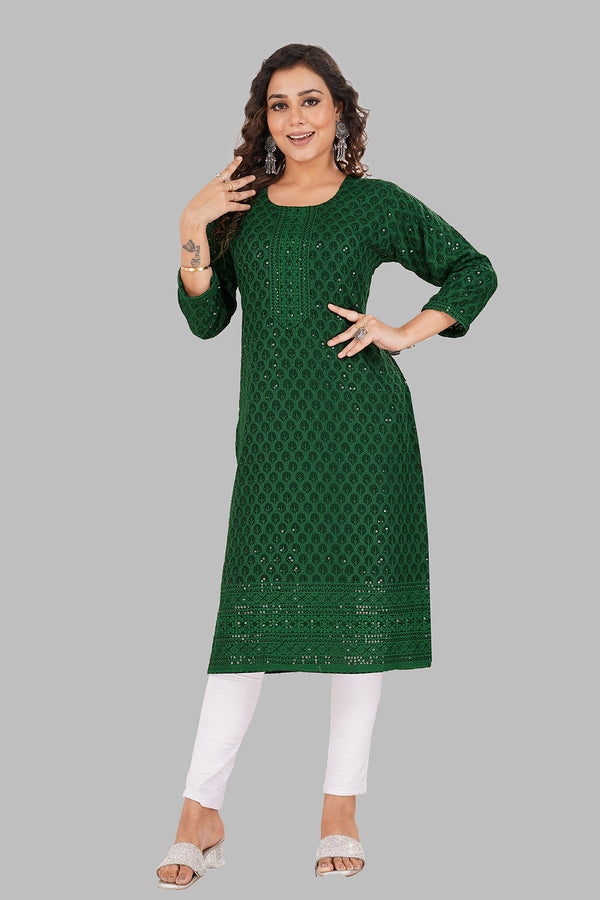 Rayon Chikan sequence work Kurti-NMK-GREEN