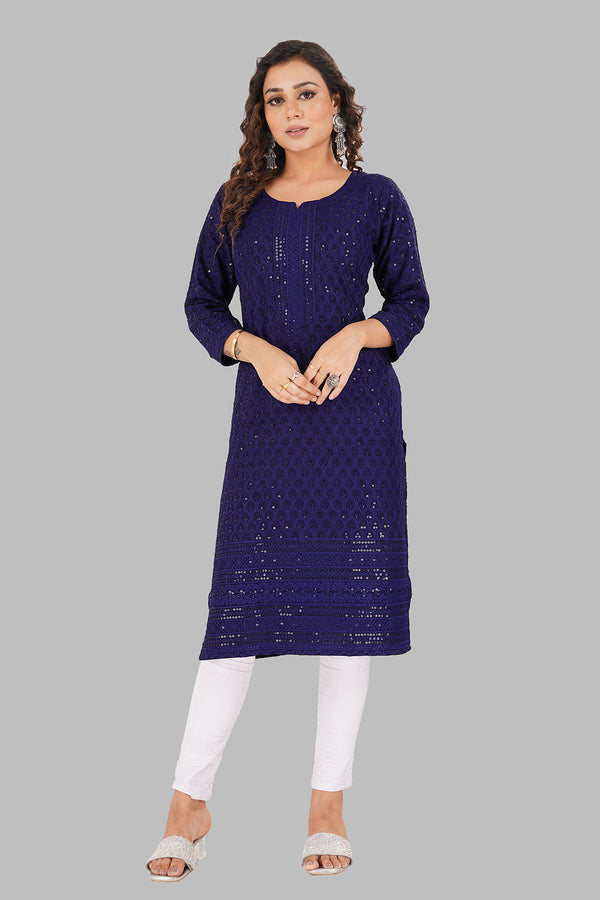 Rayon Chikan sequence work Kurti-NMK-NAVYBLUE