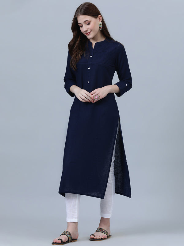 Solid Straight Kurti With Pin Tucks Detailing On Front Yoke & Sleeves