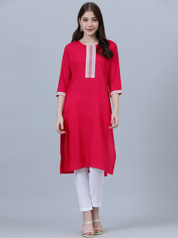 Women viscose Rayon Pink Printed designed Kurta With Trouser for girls & women