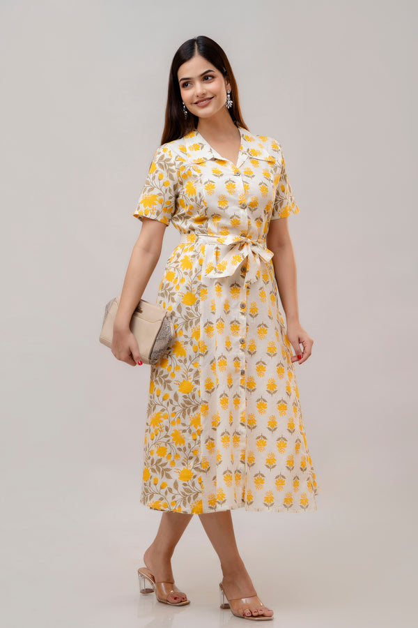 Women's Pure Cotton Designer Printed Dress-(Yellow)-WT2000YELLOW