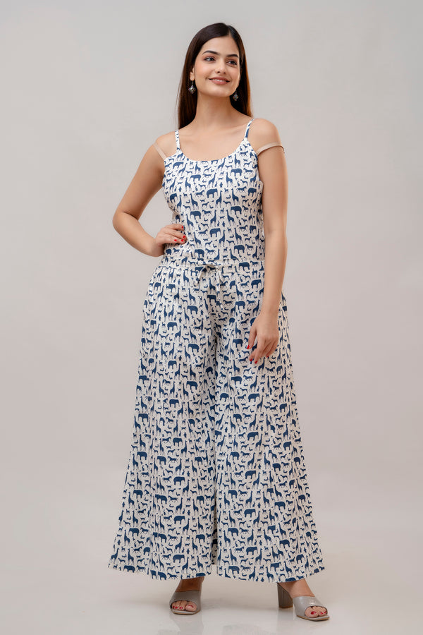 Cotton Sleeveless White and Blue Animal Print Co-ord Set-WT6002WHITE