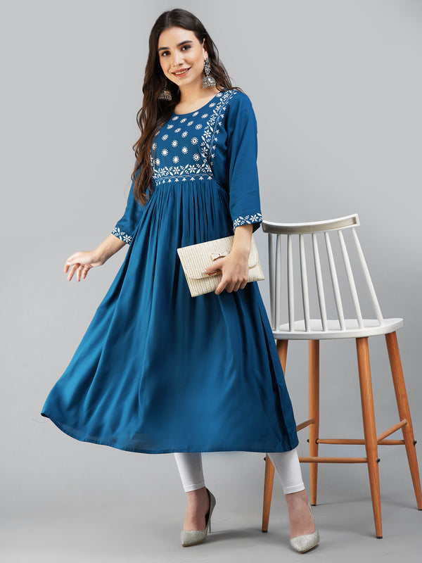 Women Flared Teal Embroidered Round Neck Teal Kurta