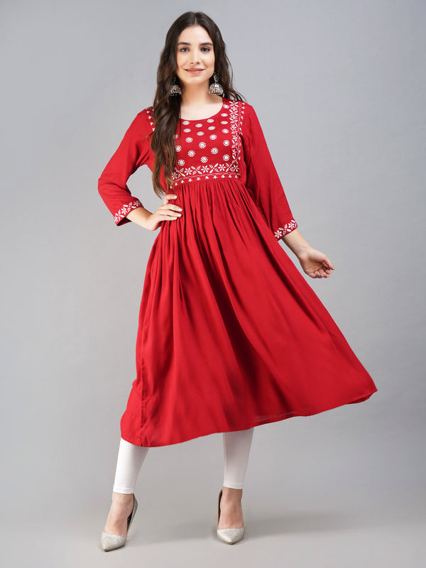 Women Flared Maroon Embroidered Round Neck Maroon Kurta