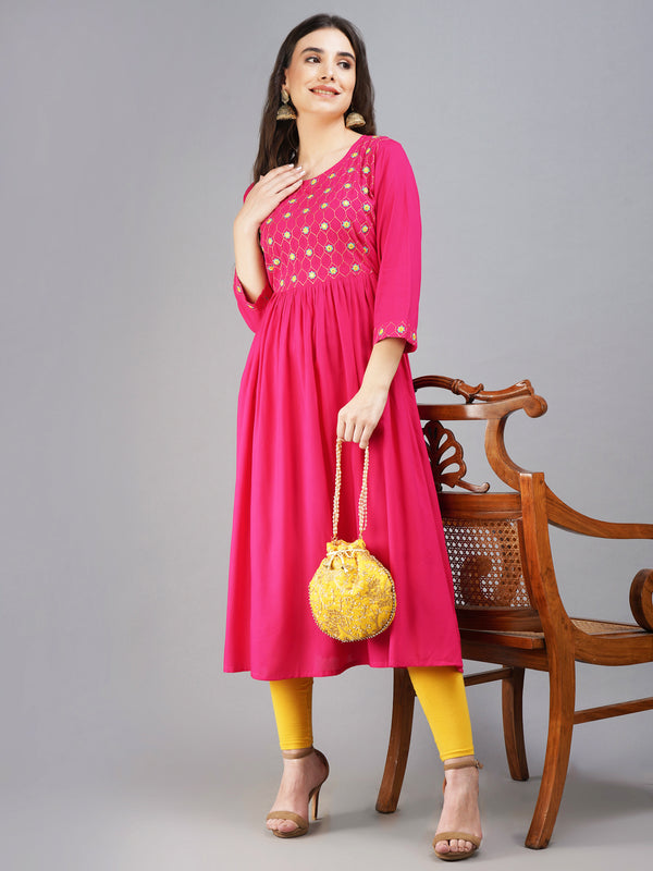 Women Flared Pink Embroidered Round Neck Pink Kurta