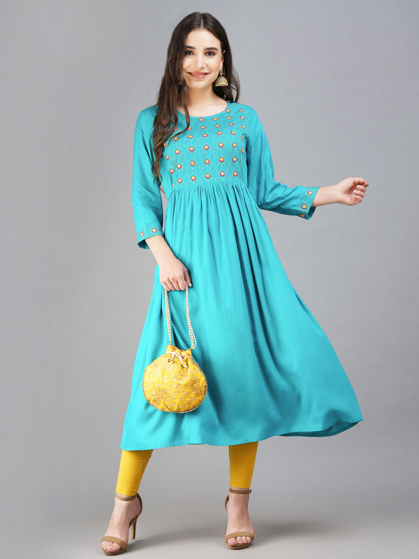 Women Flared Seagreen Embroidered Round Neck Seagreen Kurta