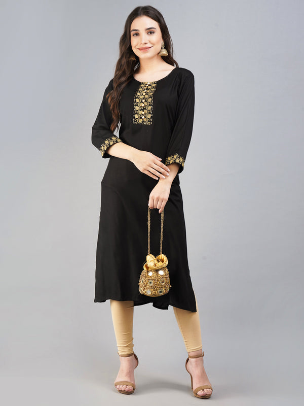 Women Straight Black Kurti with Gold Zari work