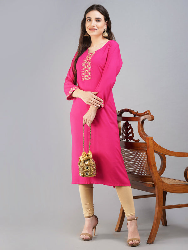 Women Straight Pink Kurti with Gold Zari work