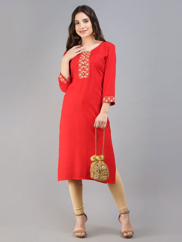 Women Straight Red Kurti with Gold Zari work