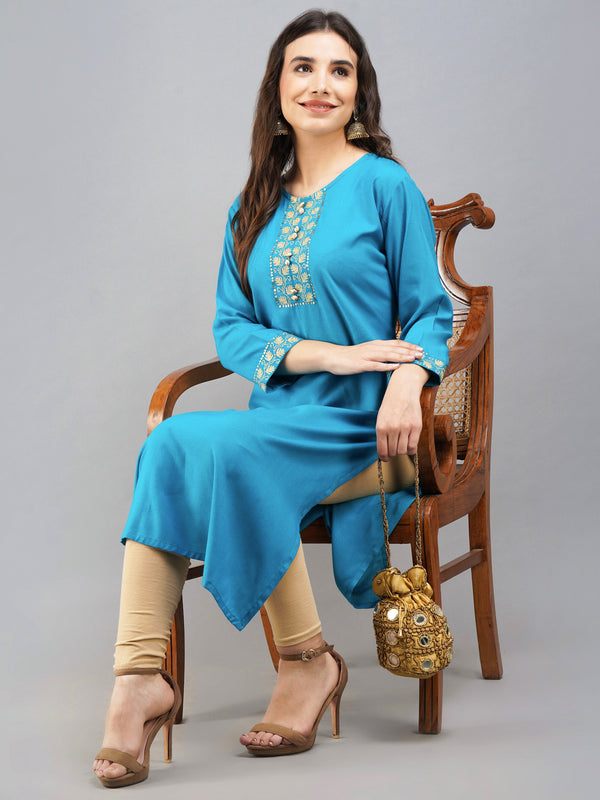 Women Straight Seagreen Kurti with Gold Zari work