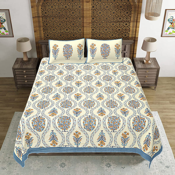 Jaipuri Print Cotton king 90 by 108 Floral Bedsheet with two big size pillow cover BS-1 Cream color