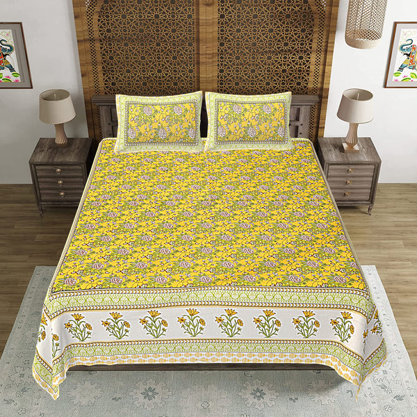 Jaipuri Print Cotton king 90 by 108 Floral Bedsheet with two big size pillow cover BS-13 Mustard