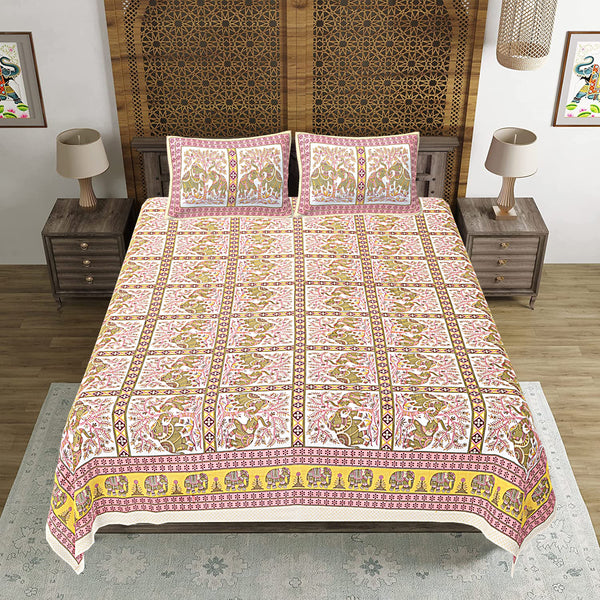 Jaipuri Print Cotton king 90 by 108 Floral Bedsheet with two big size pillow cover BS-36 Multicolor