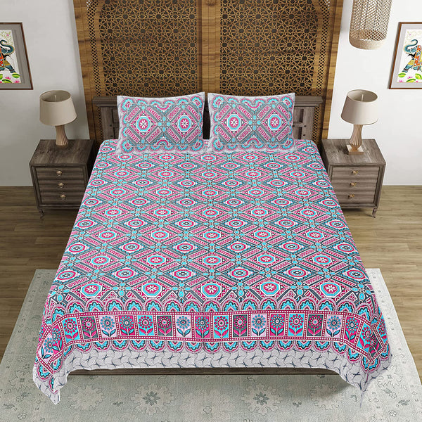 Jaipuri Print Cotton king 90 by 108 Floral Bedsheet with two big size pillow cover BS-41 Multicolor