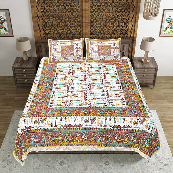 Jaipuri Print Cotton king 90 by 108 Floral Bedsheet with two big size pillow cover BS-43 Multicolor