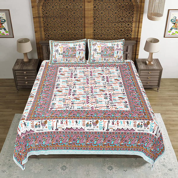 Jaipuri Print Cotton king 90 by 108 Floral Bedsheet with two big size pillow cover BS-45 Multicolor