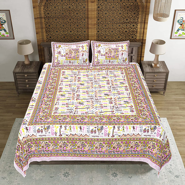 Jaipuri Print Cotton king 90 by 108 Floral Bedsheet with two big size pillow cover BS-46 Multicolor