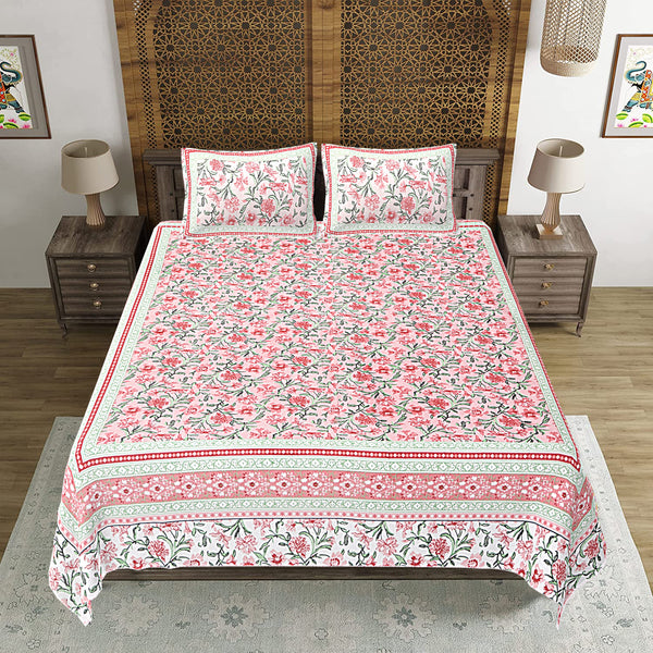 Jaipuri Print Cotton king 90 by 108 Floral Bedsheet with two big size pillow cover BS-47 Multicolor