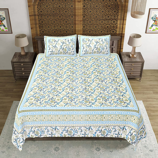 Jaipuri Print Cotton king 90 by 108 Floral Bedsheet with two big size pillow cover BS-48 Multicolor