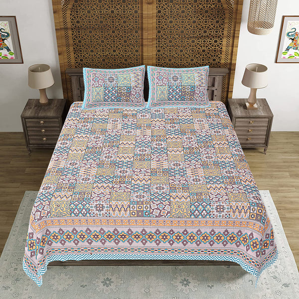 Jaipuri Print Cotton king 90 by 108 Floral Bedsheet with two big size pillow cover BS-54 Multicolor