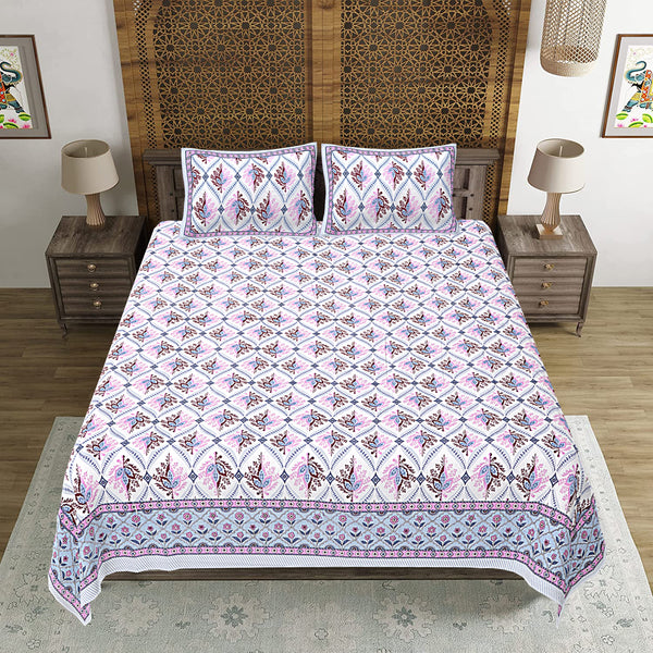 Jaipuri Print Cotton king 90 by 108 Floral Bedsheet with two big size pillow cover BS-57 Multicolor