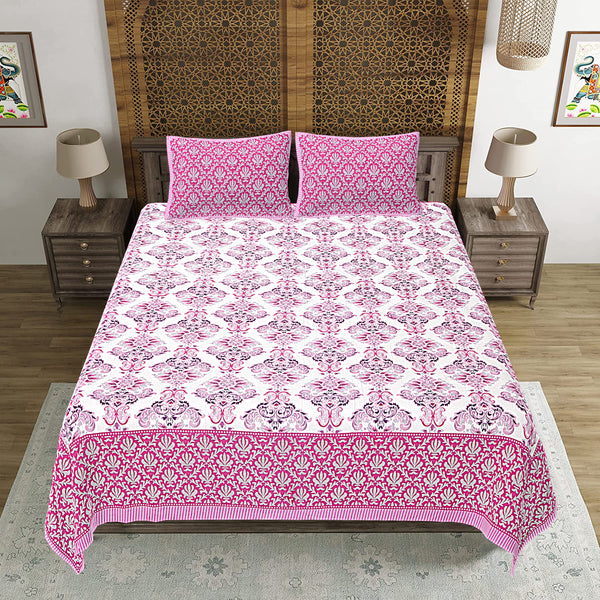 Jaipuri Print Cotton king 90 by 108 Floral Bedsheet with two big size pillow cover BS-59 Pink