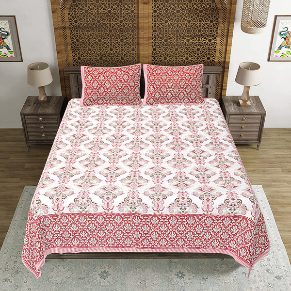 Jaipuri Print Cotton king 90 by 108 Floral Bedsheet with two big size pillow cover BS-62 Multicolor