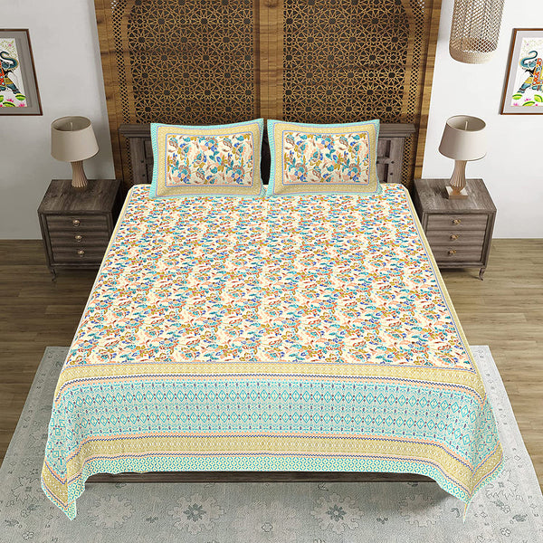 Jaipuri Print Cotton king 90 by 108 Floral Bedsheet with two big size pillow cover BS-75 Multicolor