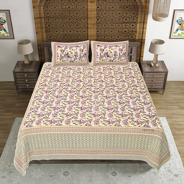 Jaipuri Print Cotton king 90 by 108 Floral Bedsheet with two big size pillow cover BS-77 Multicolor