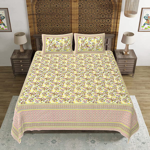 Jaipuri Print Cotton king 90 by 108 Floral Bedsheet with two big size pillow cover BS-78 Multicolor