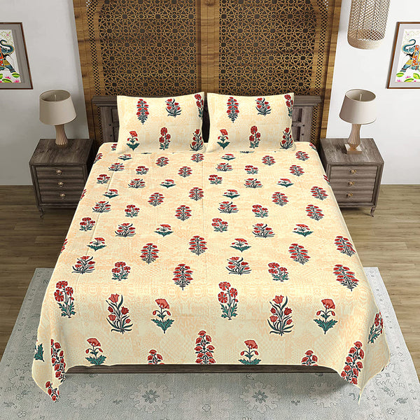 Jaipuri Print Cotton king 90 by 108 Floral Bedsheet with two big size pillow cover BS-84 Multicolor