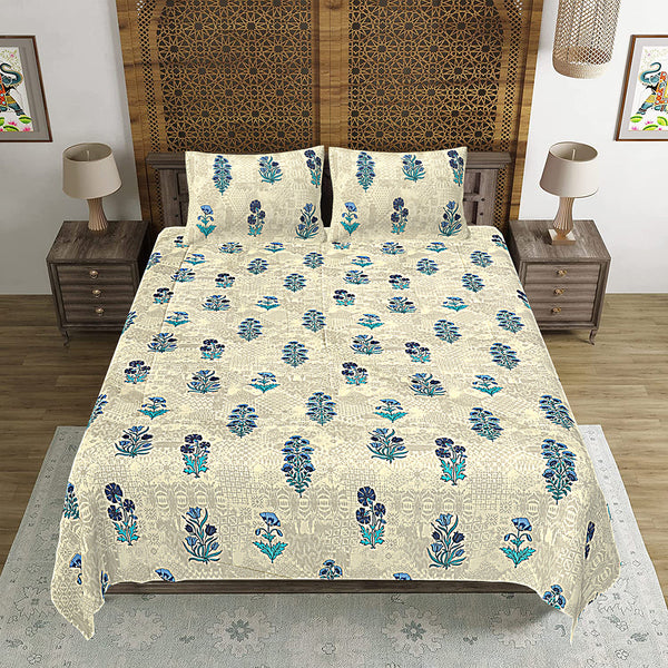 Jaipuri Print Cotton king 90 by 108 Floral Bedsheet with two big size pillow cover BS-86 Multicolor