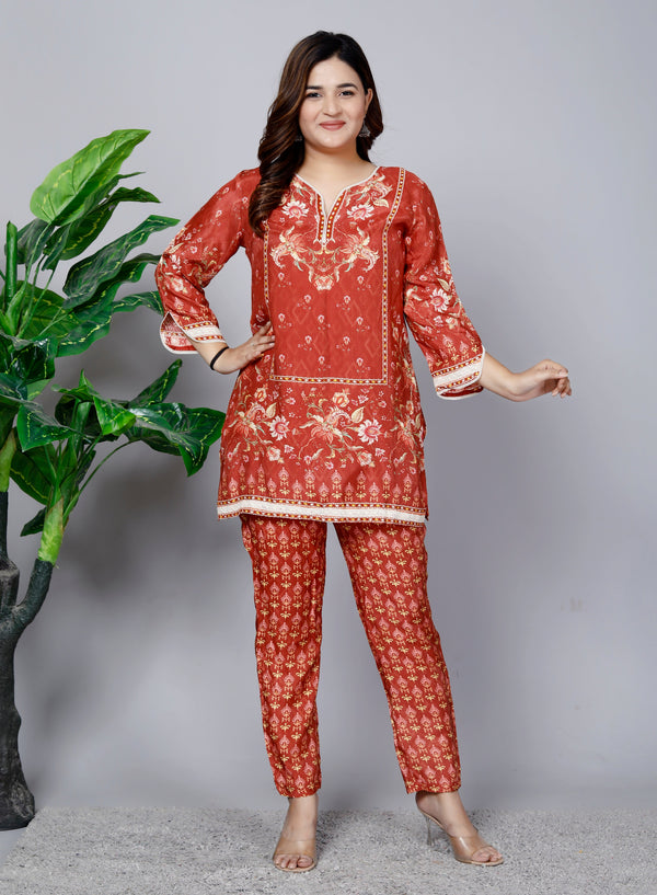 Women's Pure Muslin Full sleeve 2 Pieces Coord Set CM03 Rust