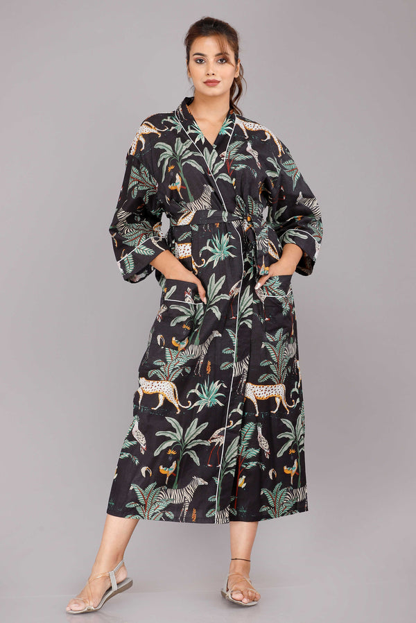 Jungle Pattern Kimono Robe Long Bathrobe For Women (Black)-KM-52