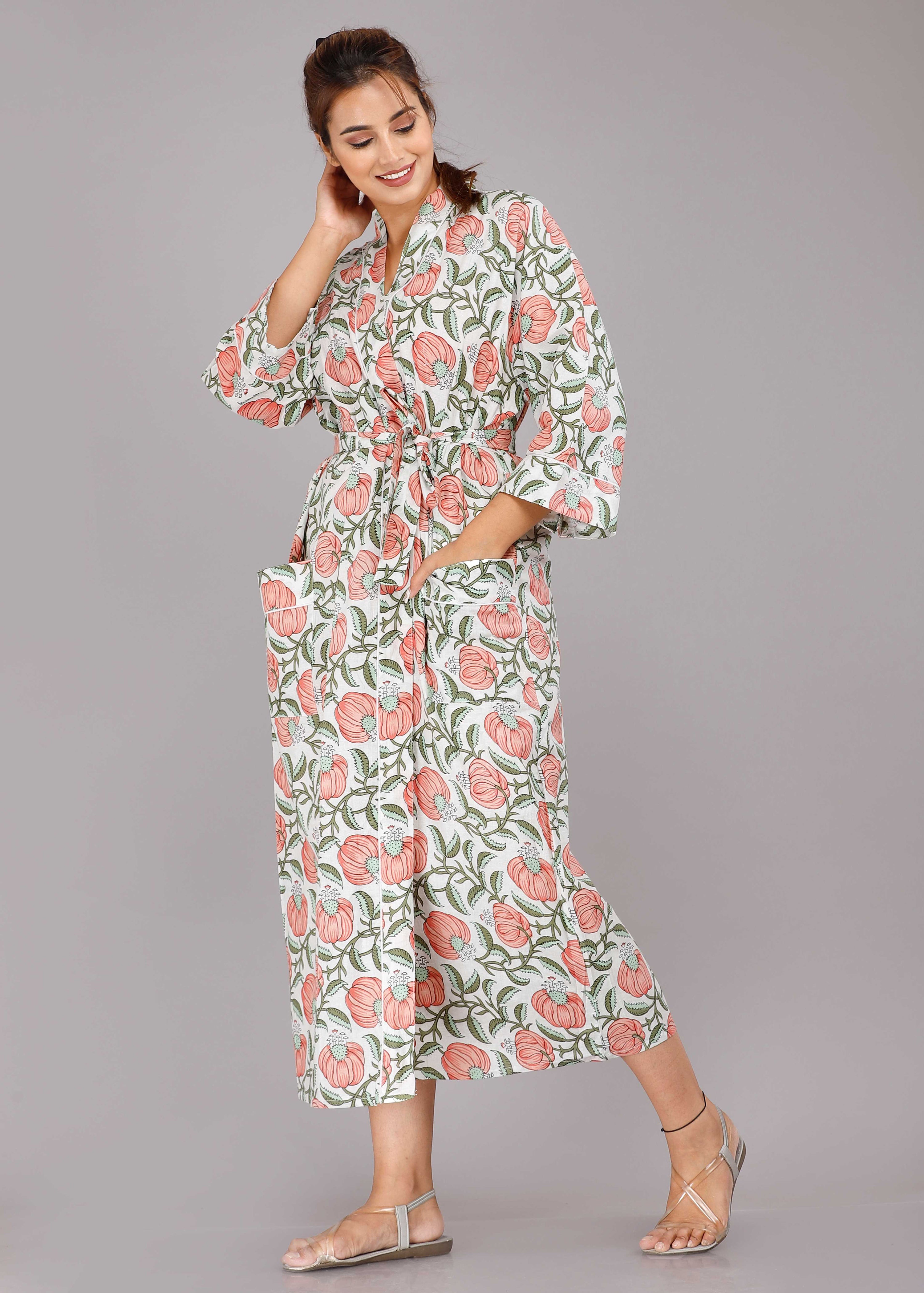 Boho Print Self Belted Front Open Long Kimono Dress - Power Day Sale