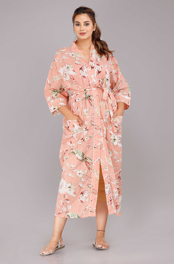 Floral Pattern Kimono Robe Long Bathrobe For Women (Pink)-KM-59